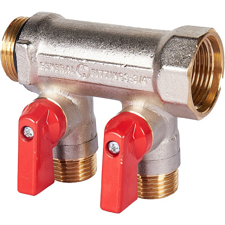 Коллектор распределительный шаровой STOUT никель 3/4"x1/2" -2 выхода, (красные ручки), евроконус