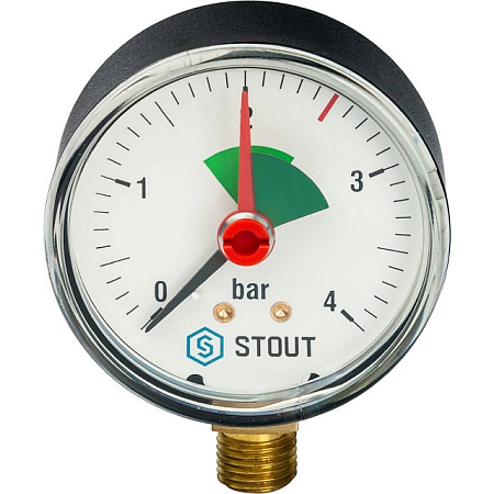 Манометр радиальный STOUT Ø63-1/4", 4 бар, вертикальное подключение, с указателем предела