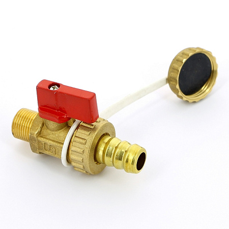 Кран шаровой потребительный UNI-FITT 3/8"x3/4" НН сливной со штуцером и заглушкой, флажок красный ме