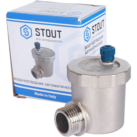 Воздухоотводчик автоматический угловой STOUT никель 1/2", без клапана, без уплотнителя, синий колп.