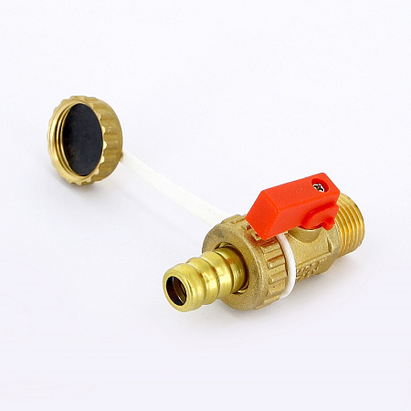 Кран шаровой потребительный UNI-FITT 1/2"x3/4" НН сливной со штуцером и заглушкой, флажок красн мета