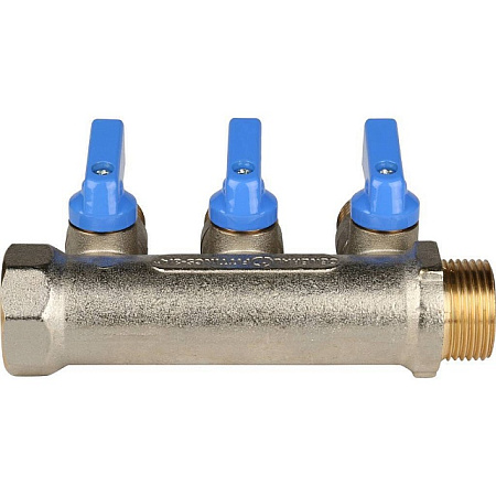 Коллектор распределительный шаровой STOUT никель 3/4"x1/2" -3 выхода, (синие ручки), плоский