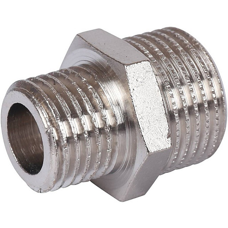 Ниппель переходной резьбовой латунный STOUT никель 3/8"x1/4" Н