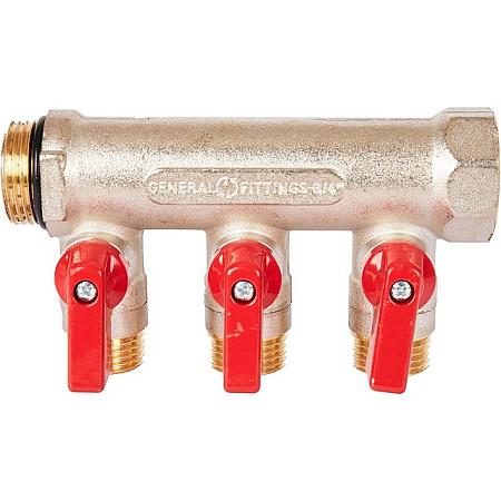 Коллектор распределительный шаровой STOUT никель 3/4"x1/2" -3 выхода, (красные ручки), евроконус