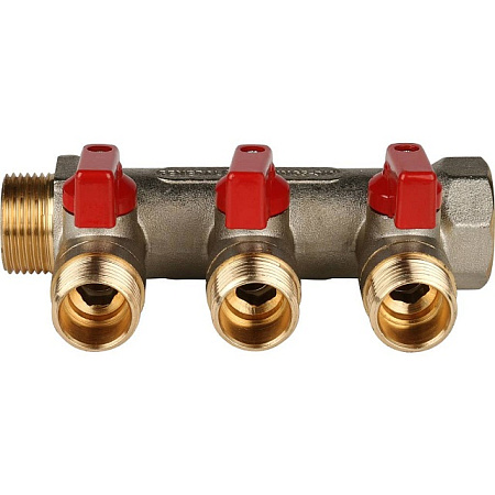 Коллектор распределительный шаровой STOUT никель 3/4"x1/2" -3 выхода, (красные ручки), плоский
