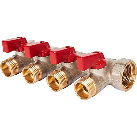 Коллектор распределительный шаровой STOUT никель 3/4"x1/2" -4 выхода, (красные ручки), евроконус