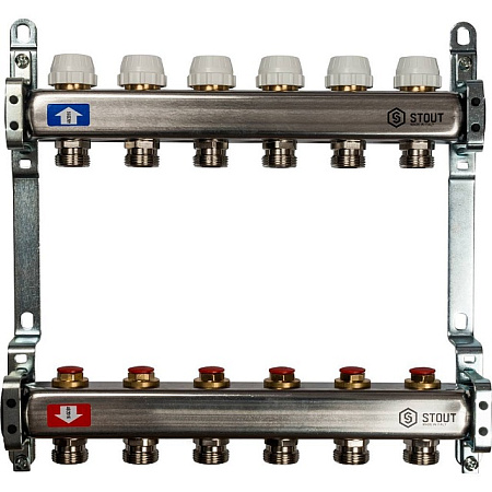 Коллекторная группа STOUT нержавейка 1"x3/4" EK -6 выходов, без расходомеров
