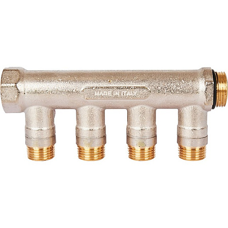 Коллектор распределительный шаровой STOUT никель 3/4"x1/2" -4 выхода, (красные ручки), евроконус