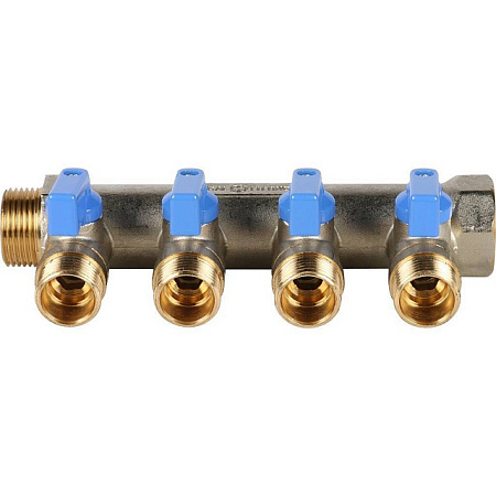 Коллектор распределительный шаровой STOUT никель 3/4"x1/2" -4 выхода, (синие ручки), плоский