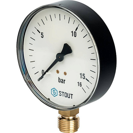 Манометр радиальный STOUT Ø100-1/2", 16 бар, вертикальное подключение