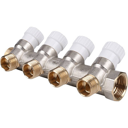 Коллектор распределительный вентильный STOUT никель 3/4"x1/2" -4 выхода, (белые ручки), евроконус