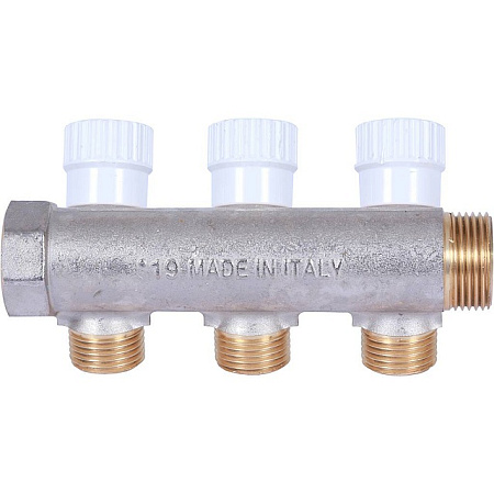 Коллектор распределительный вентильный STOUT никель 3/4"x1/2" -3 выхода, (белые ручки), плоский