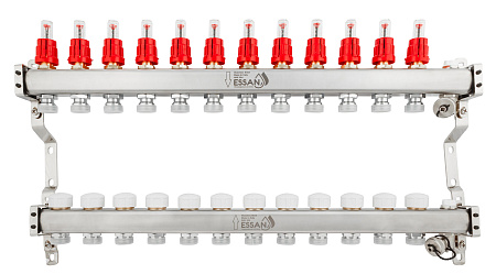 Коллекторная группа ESSAN GROUP802 нержавейка 1"x3/4" EK -12 выходов, с расходомерами (704 мм)