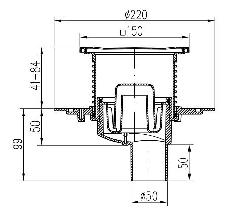 Трап для пола с нижним сливом универсальный MCH DN50 c фланцем (384F)