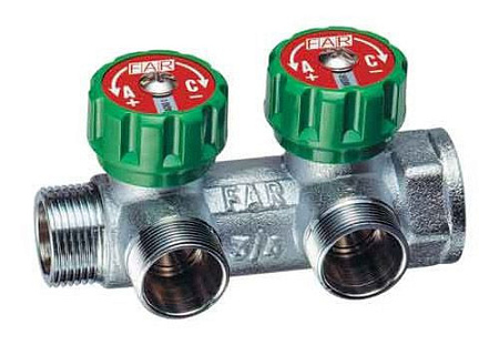 Коллектор распределительный вентильный FAR никель 3/4"x1/2" -2 выхода, EU евроконус