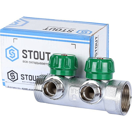 Коллектор распределительный вентильный STOUT никель 1"x1/2" -2 выхода, (зеленые ручки), евроконус