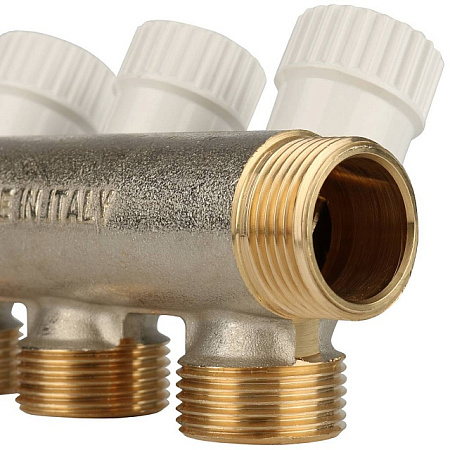 Коллектор распределительный вентильный STOUT никель 3/4"x3/4" -3 выхода, (белые ручки), евроконус